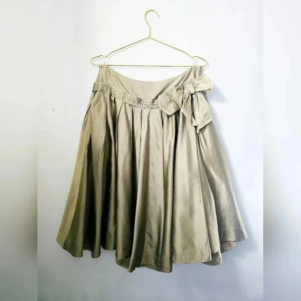 VINTAGE DKNY A-line Midi Skirt Light Taupe Olive Y2k 2000s Bow Detail 100% Silk